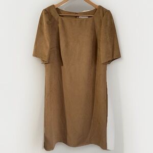 Nine West Faux Suede Dress Camel Square Neck Short Sleeve Size 14